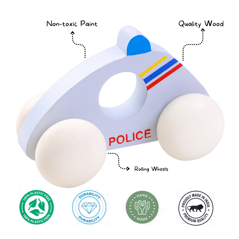 Wooden Police Car Toy for Ages 1 Year and Above